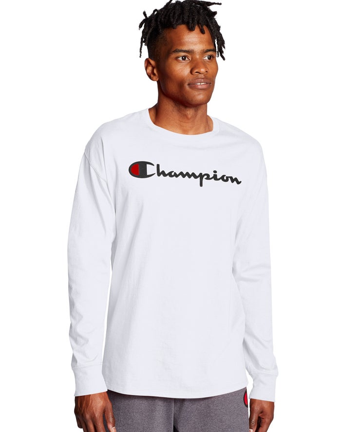 Champion Herre T-Shirts Hvide - Classic Long-Sleeve Script Logo - Danmark UYC-903247